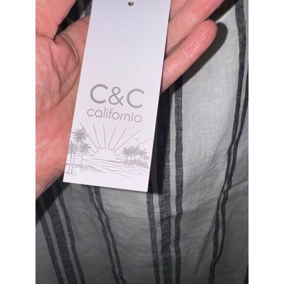 NWT C&C California Striped Linen Tank Top Button Back M Cream Black Stripe Money - Picture 4 of 7